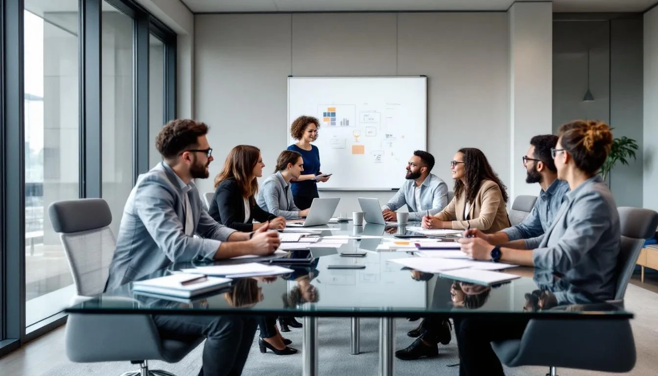 A diverse professional team is collaborating in a modern office space, engaging in dynamic discussions and brainstorming sessions. They demonstrate essential soft skills like effective communication, emotional intelligence, and critical thinking as they work together on complex problem-solving tasks.